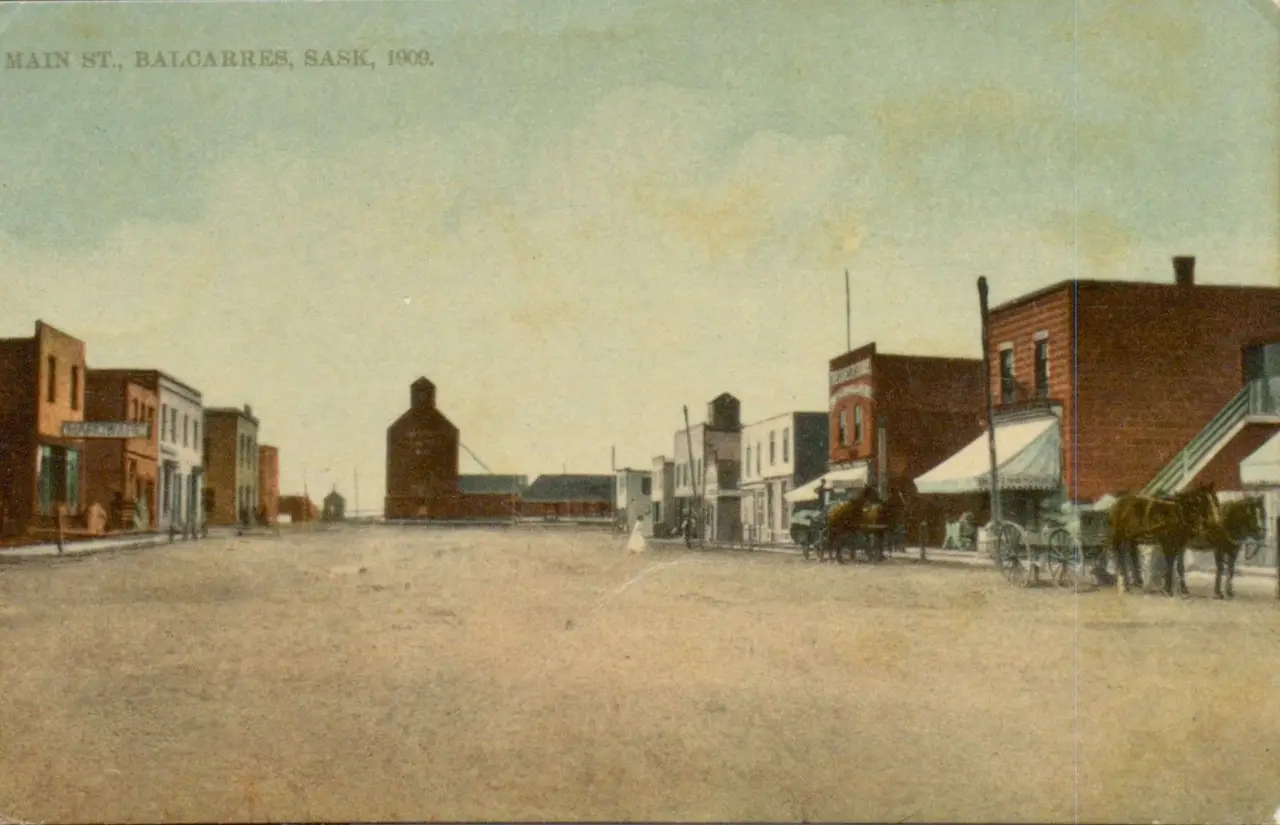 Main Street, Balcarres, with horse-drawn wagons, 1909